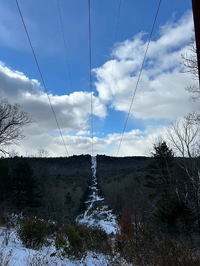 view up snowy mountainside, looks into utility clearing.